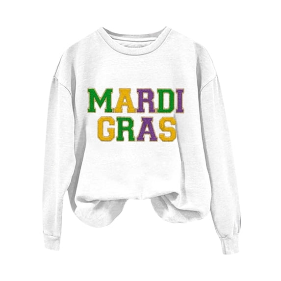 Tweang Mardi Gras Sweatshirt Women Mardi Gras Shirts for Women Long Sleeve Women's Purple Green and Gold Mardi Gras Shirt Oversized Sweatshirt Cute Cowgirl Outfits White 2xl
