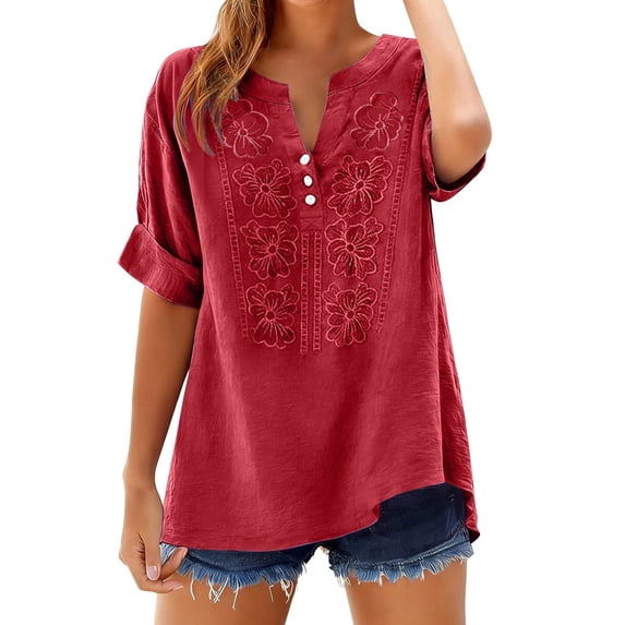 Tweang Mexico Shirts for Women Gauze Tops for Women Floral Embroidered Boho Tops Cotton Linen Short Sleeve Summer Floral Short Sleeve Tee Short Sleeve Beach Tees Retro Embroidered Red M