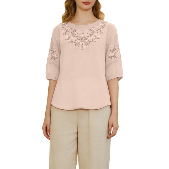 Tweang Mexico Shirts for Women Vintage Vacation Tees Embroidery Gauze T-shirt for Women Embroidery Plain Top Half Sleeve Casual Blouses Cotton Linen Short Sleeve Loose Casual Solid Tops Pink L