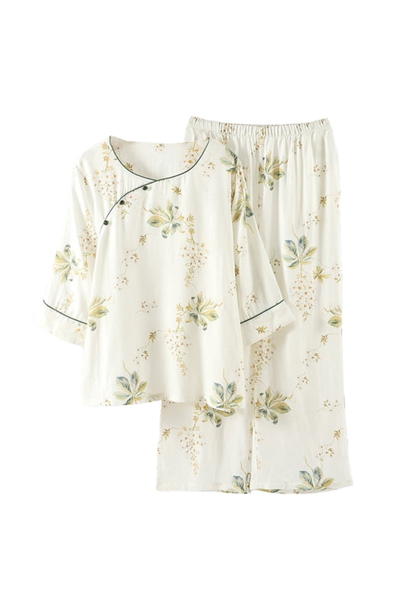 Nine Minute Sleeves Cotton Pajamas Set Traditional Chinese Style cotton gauze pajamas Oblique Collar Tops Women's Linen Top muslin pajamas womens Exquisite Embroidery Shirt Green XL