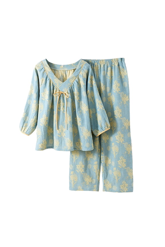 Nine Minute Sleeves summer pajamas sets Cotton Pajamas Set cotton gauze pajamas Exquisite Embroidery Shirt Pajamas For Women Set Casual Trendy Tops Lounge Set Oblique Collar Tops Green XL