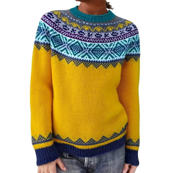 Tweang Norwegian Sweater Women Fair Isle Sweater Xmas Sweater Women Fall Sweaters Long Sleeve Pullover Sweaters for Women Crew Neck Pullover Yellow 2xl