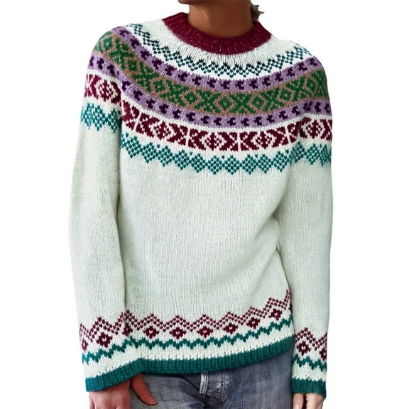 Tweang Norwegian Sweater Women Fair Isle Sweater Xmas Sweater Women Pullover Sweaters for Women Retro Sweater Christmas Sweaters for Women Nordic Sweaters for Women White L