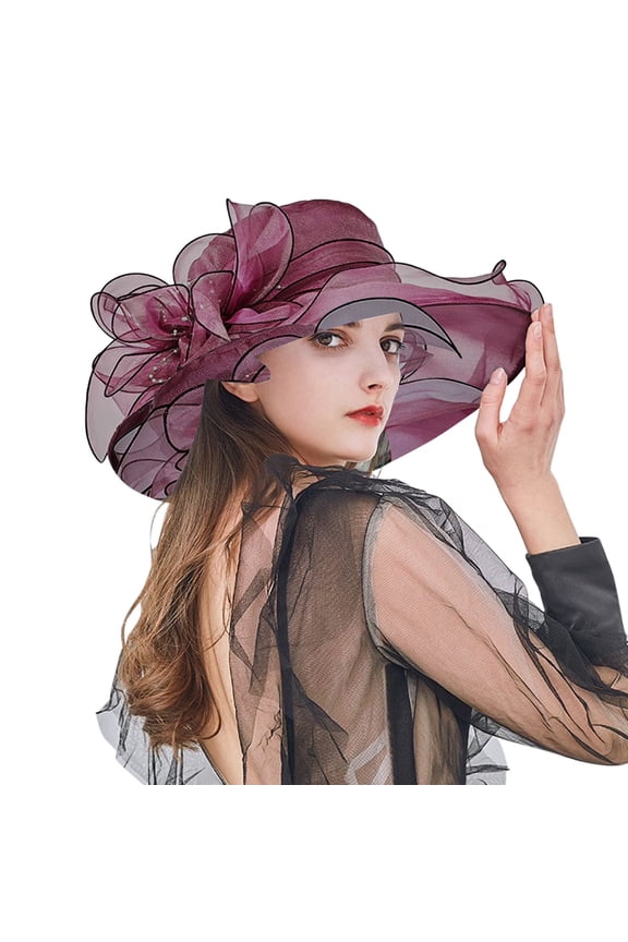 Organza Hat Womens Organza kentucky Church derby Hat Fascinator Lady Tea Party Wedding Bridal Flower Sun UV Protection Hat Wine One Size