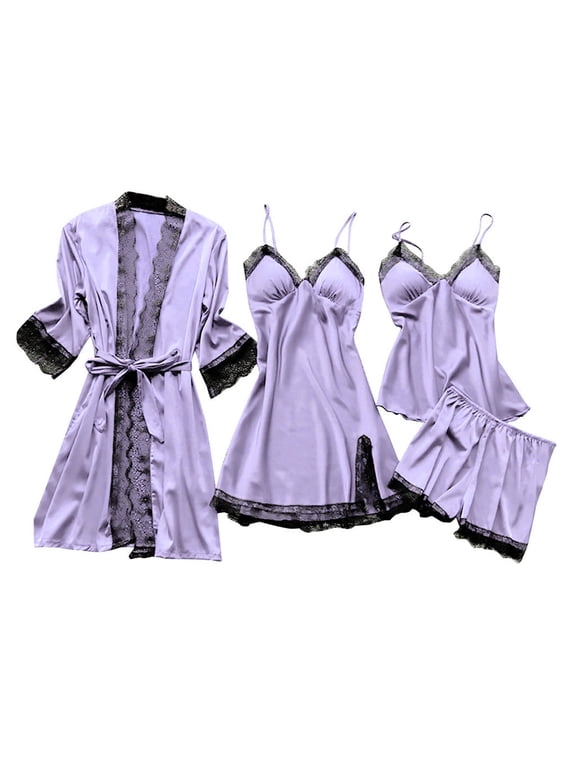 Pajama Set For Women Plus Size With Robe 4 Piece Silky Pj Lace Trim Nightgown Sleepwear Loungewear Purple 4XL