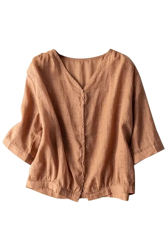 Peasant Blouses for Women Plain Embroidery Blouse Short Sleeve Gauze Tops Loose Fit Tunic Cotton Button Down Graphic Shirt Peasant Blouses for Women Floral Embroidered Boho Tops Orange L