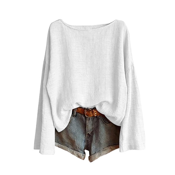 Tweang Peasant Tops for Women Linen Shirts for Women Womens 3/4 Sleeve Button Down Shirts Pullover Sweatshirts Lapel Gauze Tops Cotton Linen Long Sleeve Textured Collared Womens Linen Tops White S