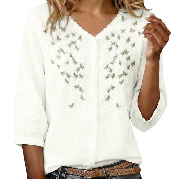 Tweang Peasant Tops for Women Vintage Boho Button Shirt Cotton Linen Tunic Tops Loose Vintage Shirts Blouses Teacher Loose Tunics Gauze Tunic Tops for Women Loose Gauze Tunics Summer Shirts White M