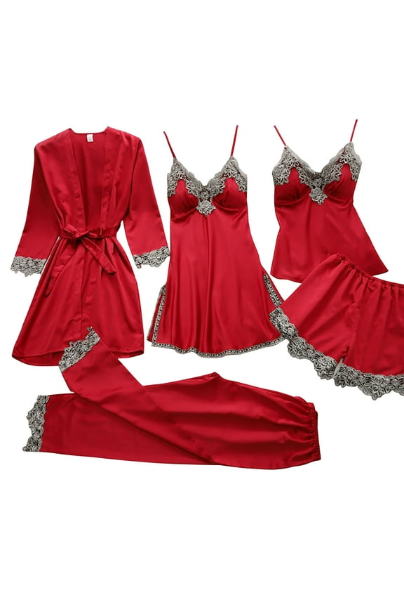 Robe Set Bathrobe Pajama Set Morning Robe Long Chemise Sleepwear Women's Bathrobe Soft Robe Spaghetti Strap Breathable Comfortable Cami Sleepwear nightgown and robe Red XL
