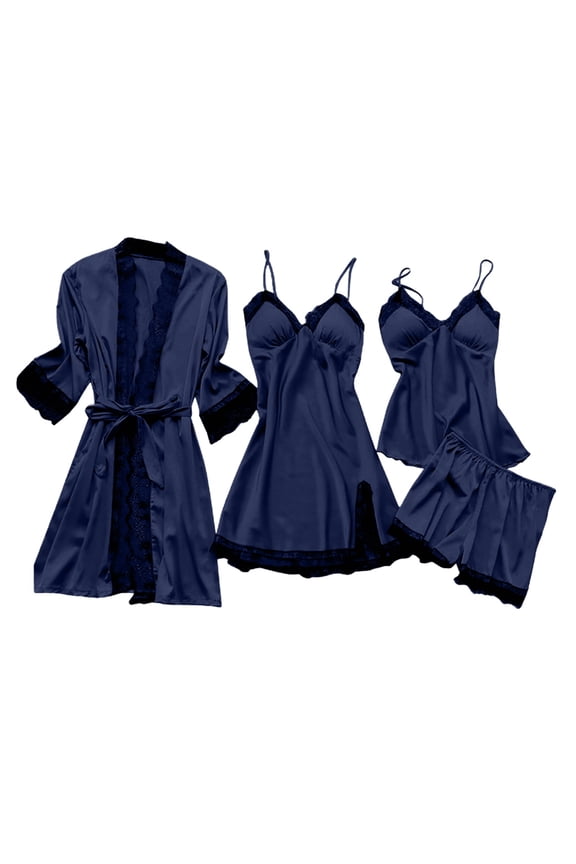 Robe Set Long Robe Spaghetti Strap Nightgown for Women Loose Clothing Soft Robe Chemise nightgown and robe Bathrobe Pajama Set Women's Bathrobe Lightweight Nightwear Navy M