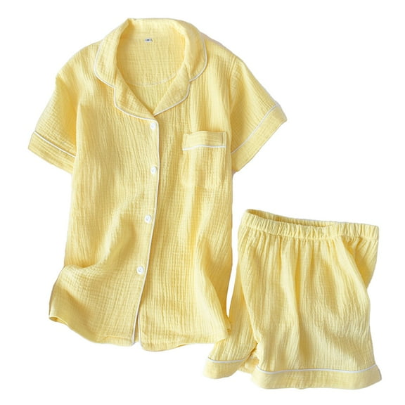 Tweang Short Sleeve Pajama Set for Women Cotton Pajamas for Women Set Button Up Pajamas for Women Nightgown for Women Satin Nightgown Yellow Xl