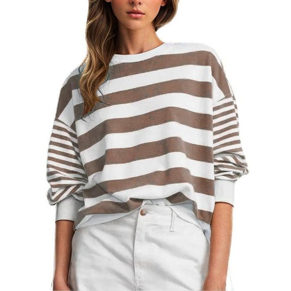 Tweang Striped Sweatshirt Crewneck Long Sleeve Pullover Workout Shirt Round Neck Pullover Matching Striped Printed Long Sleeved Hoodie crew neck sweater women sweatshirt crewneck Coffee S