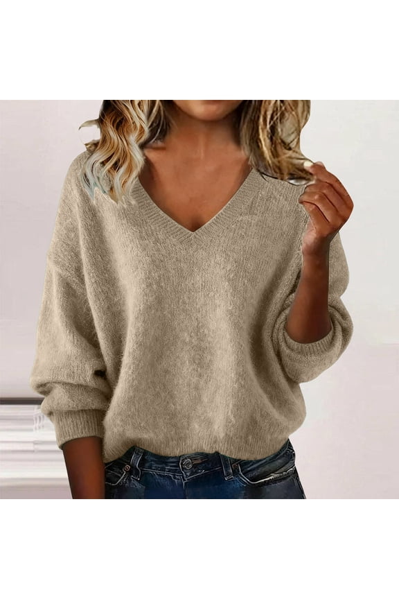 V Neck Sweaters for Women Long Sleeve Ribbed Tops for Women Knit Sweater for Women Christmas Blouses for Women Fuzzy Sweater for Women Thin Turtleneck Women Fuzzy Sweater Beige M