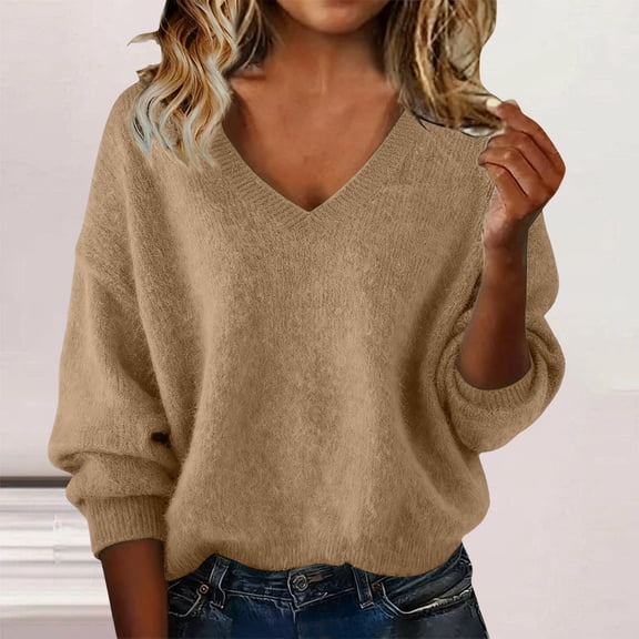 Tweang V Neck Sweaters for Women Long Sleeve Ribbed Tops for Women Knit Sweater for Women Mock Neck Long Sleeve Tops for Women Warm Hoodies for Women Festive Sweaters for Women Khaki L