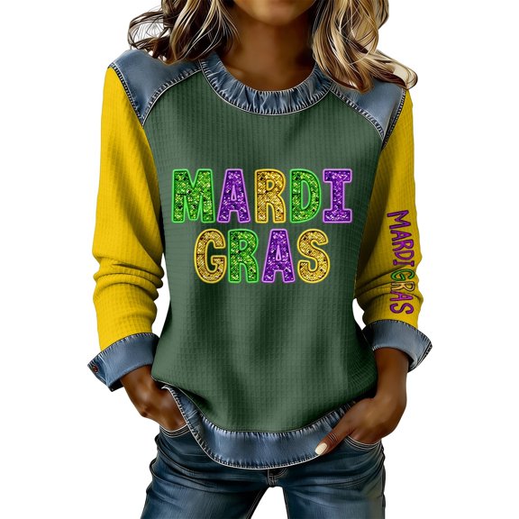 Tweang Women Mardi Gras Shirts Denim Collar Sweatshirt Jean Patchwork Pullover Tops Long Sleeve Casual Plus Size Clothes A1 Black S-3XL