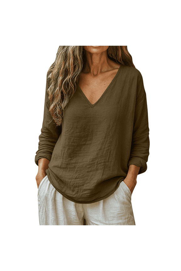Women's Cotton Tops Loose Fit Blouses Loose Fit V Neck Ladies Blouse Loose Gauze Tunics V Neck Tops Outfits Cotton Linen 3/4 Roll Up V Neck Sleeve Gauze Blouses for Women Fall Tops Brown S