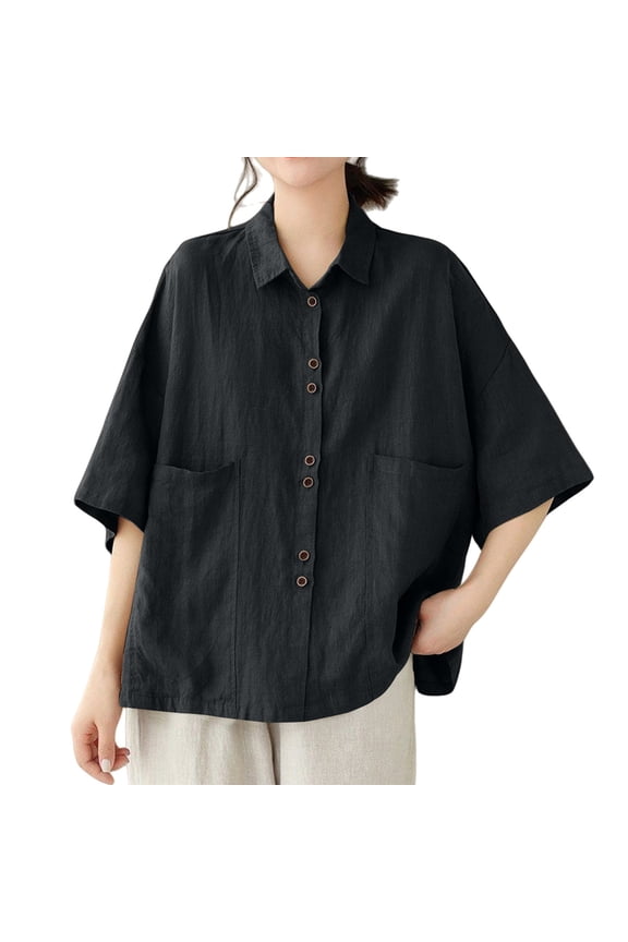 Womens Button Down Shirts Womens Cotton Linen Tunic Linen Shirts for Women Oversized Button Down Shirts for Women Button Down Plaid Shacket Shirt Button Down Shirt V Neck Blouses Black L