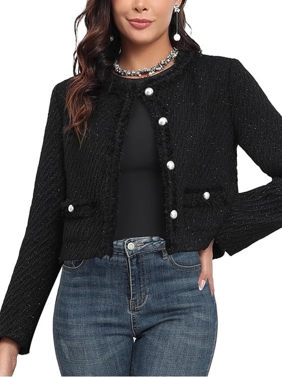 Tweed Blazer Jackets for Women with Pockets,Cropped Long Sleeve,Collarless,Crew Neck,Real Pocket,Luxury,Pearl Shape Button Closure