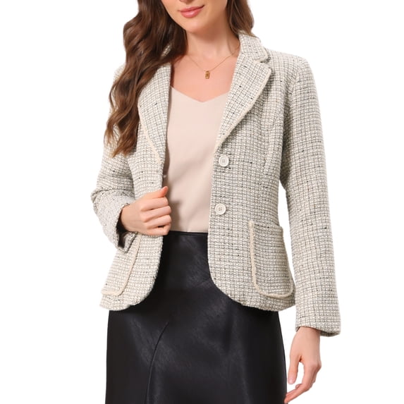 Tweed Blazer for Women's Notch Lapel Long Sleeve Fall Winter Elegant Business Casual Jacket XL Grey