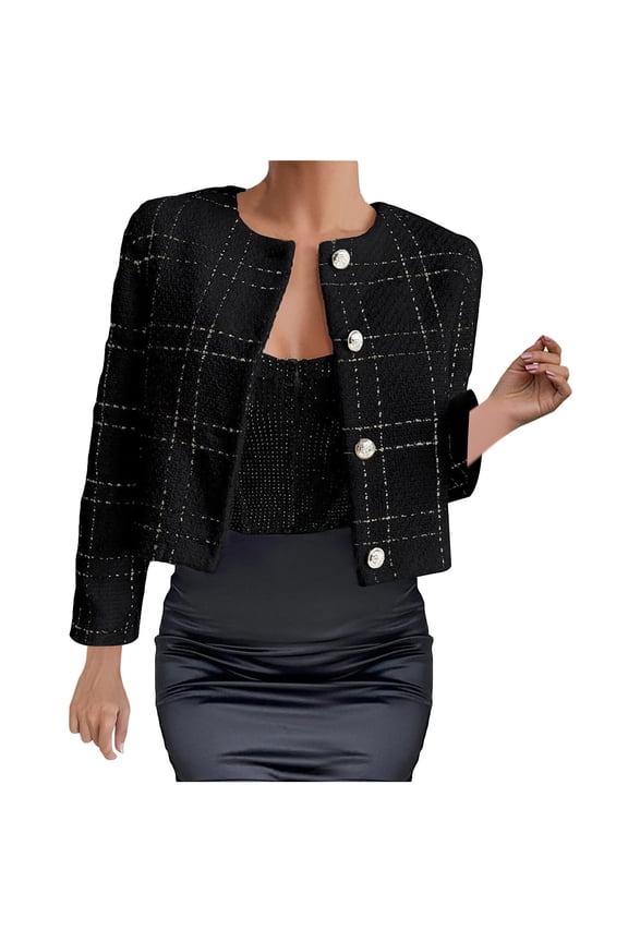 Tweed Blazers for Women Fall Cropped Business Coats Plaid Crew Neck Jackets Fashion Long Sleeve Button Down Outerwear (Black 2XL)