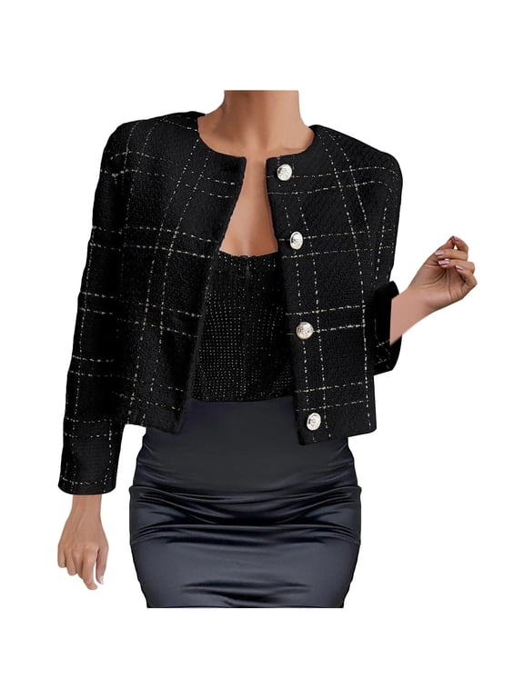 Tweed Blazers for Women Fall Cropped Business Coats Plaid Crew Neck Jackets Fashion Long Sleeve Button Down Outerwear (Black M)