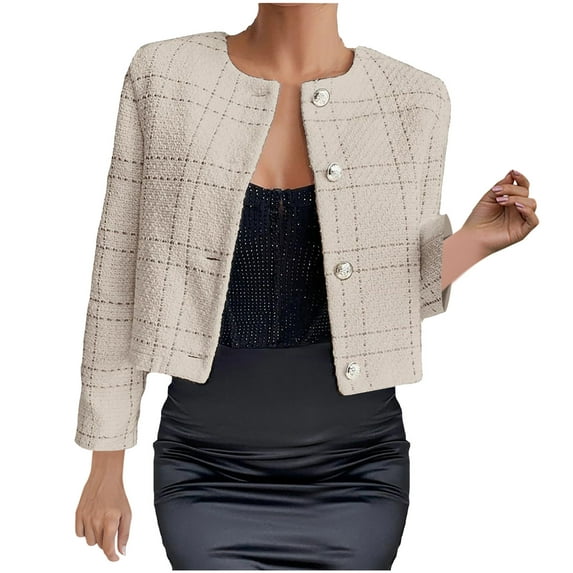 Tweed Blazers for Women Fall Cropped Business Coats Plaid Crew Neck Jackets Fashion Long Sleeve Button Down Outerwear (Khaki M)