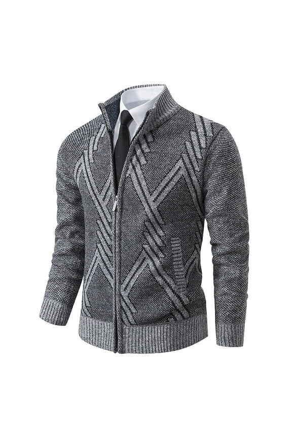 Tweed Cardigans for Men Zip Up Vintage Jacket Argyle Print Casual Knit Formal Business Sweaters