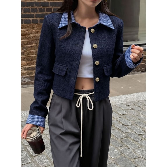 Tweed Cropped Jacket with Gingham Accents