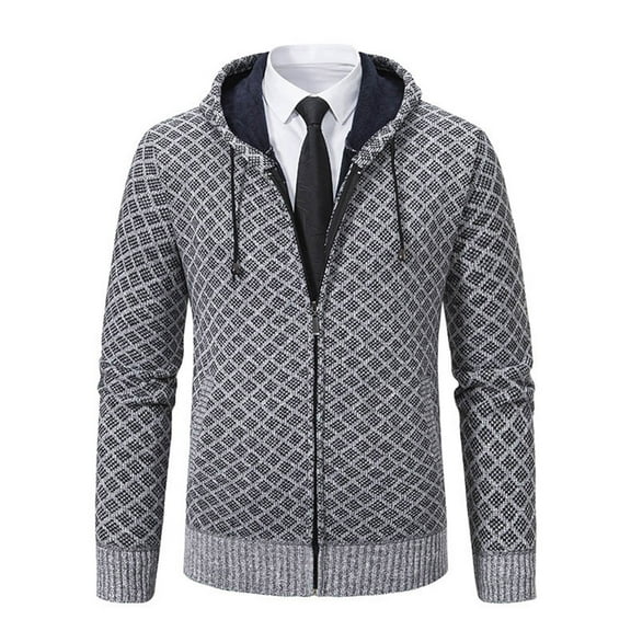Tweed Jackets for Men with Hood,Full Zip Sweater Mock Collar Casual Knitted Cardigan with Pockets