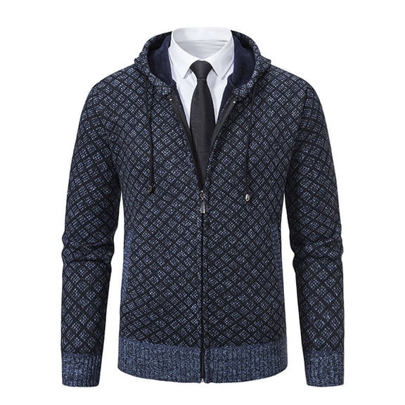 Tweed Jackets for Men with Hood,Full Zip Sweater Mock Collar Casual Knitted Cardigan with Pockets