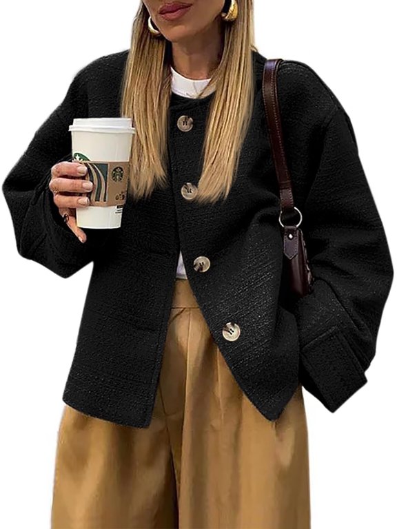 Tweed Jackets for Women Fall Long Sleeve Business Button Down Casual Cropped Blazer with Pockets