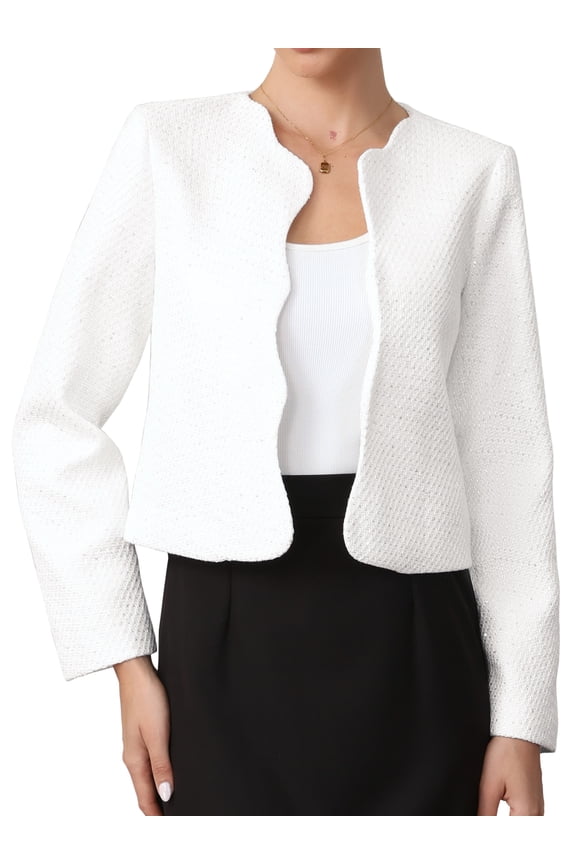 Tweed Jackets for Women Long Sleeve Crewneck Open Front Work Business Blazer Jacket XL White