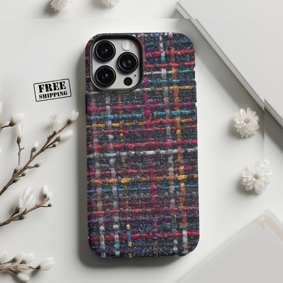 Tweed Pattern Multicolor Woven Fabric Tough Phone Case, Dual-Layer Protective Cover for iPhone