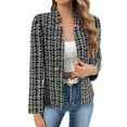thumbnail image 1 of Tweed Plaid Blazer Jacket for Women Full Sleeve Stand Collar Open Front Cardigan Outerwear Black M, 1 of 6
