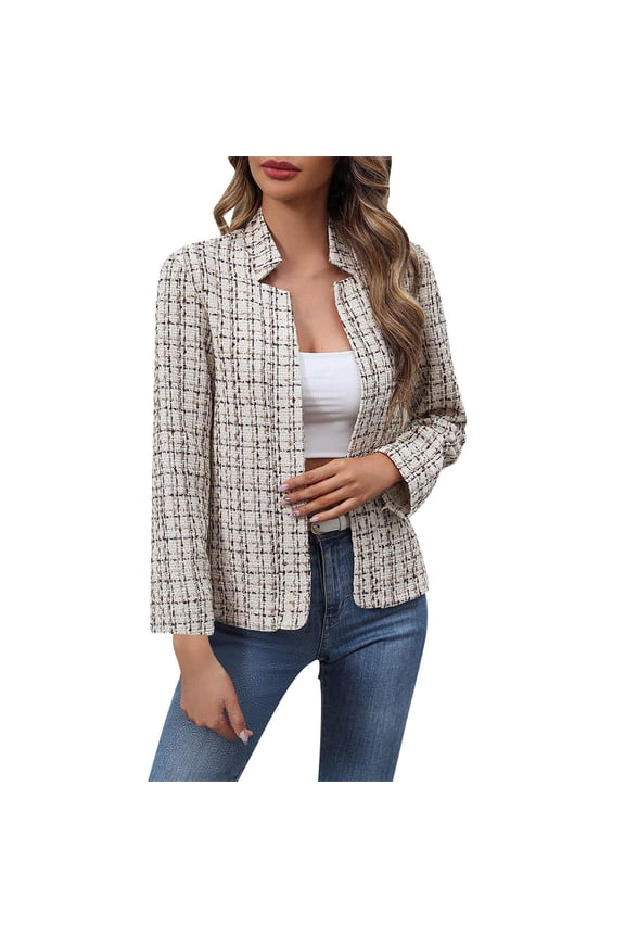 Tweed Plaid Blazer Jacket for Women Full Sleeve Stand Collar Open Front Cardigan Outerwear Coffee XL