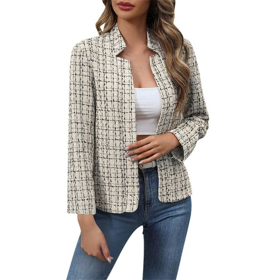 Tweed Plaid Blazer Jacket for Women Full Sleeve Stand Collar Open Front Cardigan Outerwear Gray S