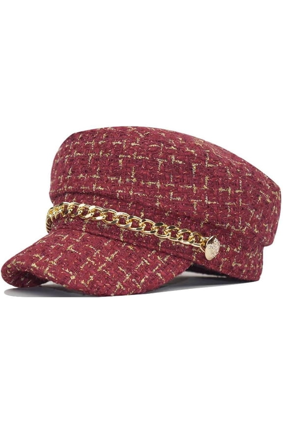 Tweed Plaid Newsboy Ladies Womens Girls Beret Baker Boy Fiddler Cap Military Hat Winter Red, One Size