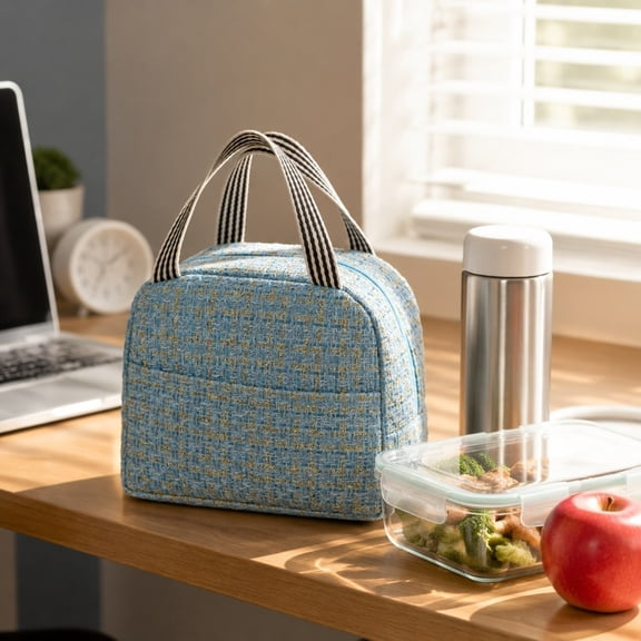 Tweed Textured Insulated Lunch Bag with Striped Handheld Straps, Waterproof Oxford Thermal Lunch Tote, Leakproof Cooler Bag for Women, Office, School, Picnic, Outdoor Travel Food Storage