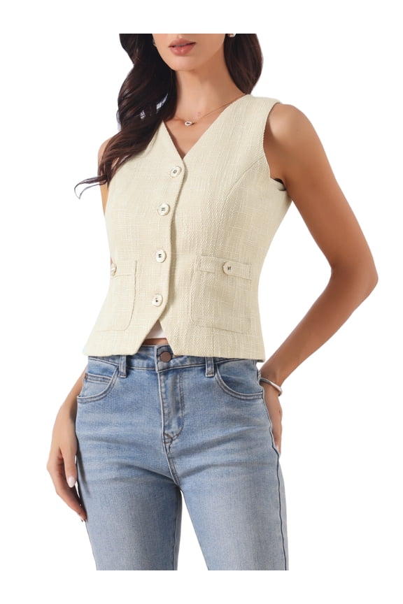 Tweed Work Vest for Women's V Neck Sleeveless Button Down Office Waistcoat M Beige