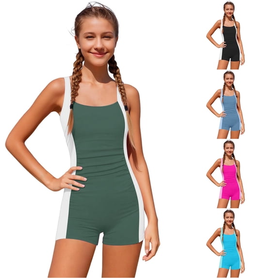 Tween 1 Piece Swimsuit Boyleg Swimming Suits Quick Dry Swimwear Color Block Girls Swimsuits 11-12 Years