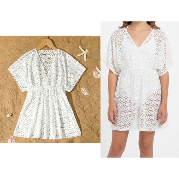 Swim Cover Up for Girls Short Sleeve Hollow Out Crochet Quick Dry Summer Dress Cover Ups for Swimwear 11-12 Years