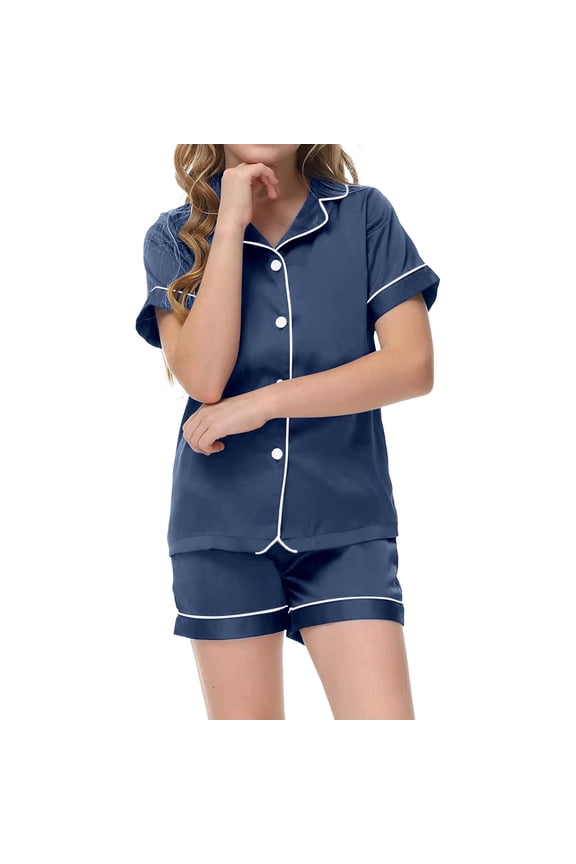 Tween Boy Pajamas Set 2 Pcs Dark Blue Button Down Solid Tops T Shirt Set Toddler Sleepwears Kids Pajamas Girls 12-13 Years