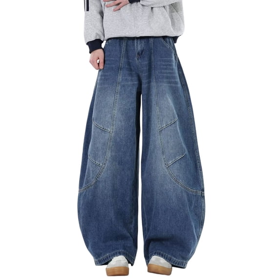 Tween Boys Baggy Jeans Loose Washed Wide Leg Elastic Waist Zipper Fly Streetwear Denim Pants Kids Clothes Teen School Pants
