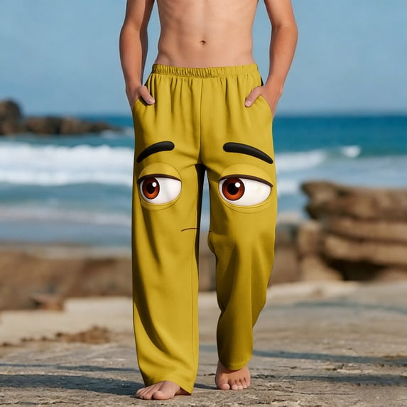 Tween Boys Cartoon Bored Expression Sweatpants Relaxed Fit Straight Leg Bottoms for School Lounge, 4-13Y