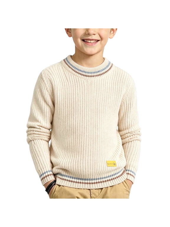 Tween Boys Cozy Crewneck Knit Sweater Long Sleeve Ribbed Pullover Tops Classic Striped Trim Casual Warm Fall Winter Clothes for School Holiday Everyday Wear, Size 10-11