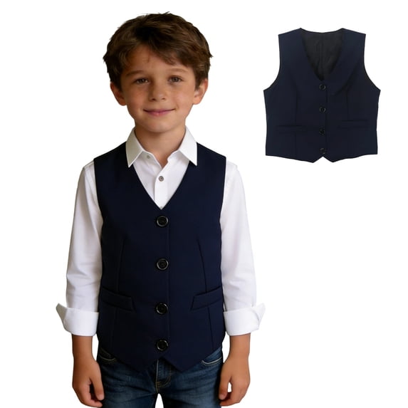 Tween Boys Formal Vest Dark Blue Vest V-Neck Adjustable Back Strap Piano Speech Handsome 11-12 Years