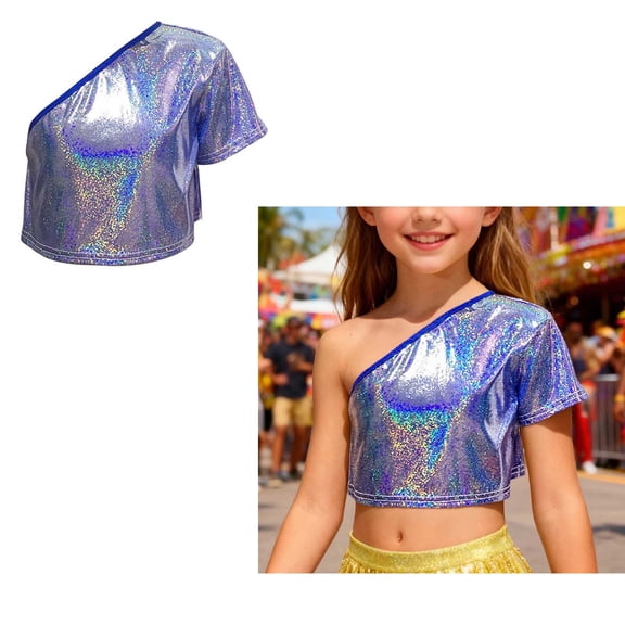 Tween Boys Girls One-Shoulder Sequins Tops Glittery Metallic Y2K Top Jazz Ballet Performance 12-13 Years
