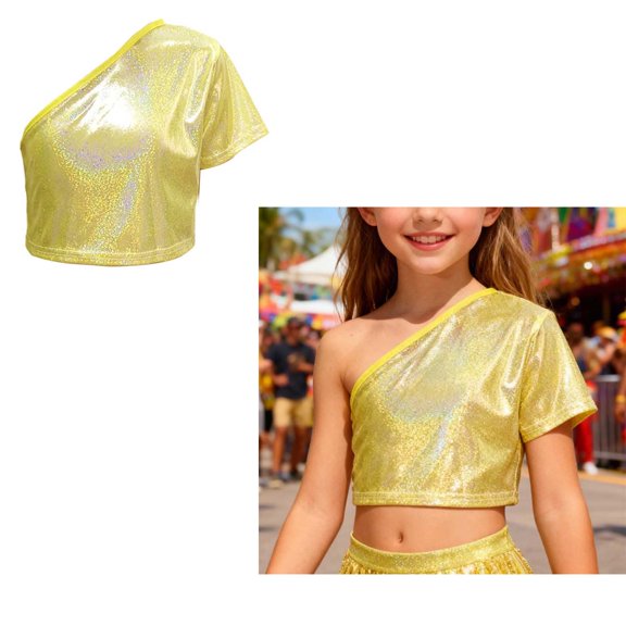 Tween Boys Girls One-Shoulder Sequins Tops Shimmering Metallic Loose T-Shirt Jazz Ballet Performance 10-11 Years