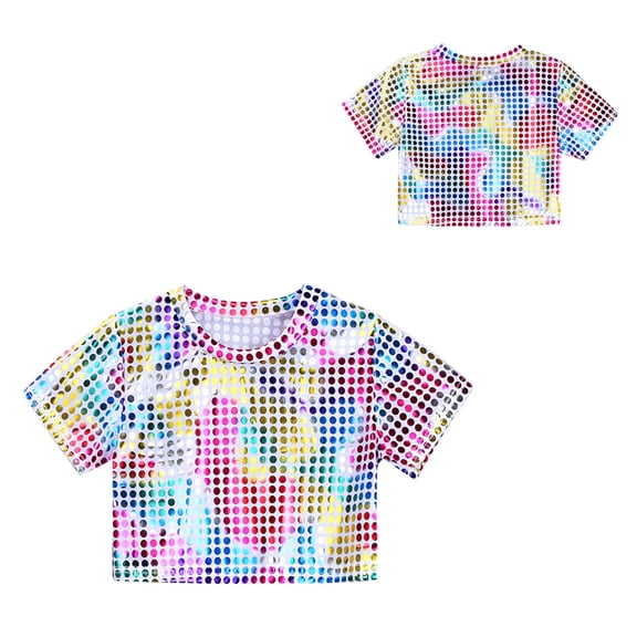 Tween Boys Girls Shiny Sequins Crop Tops Short Sleeves Dance Tops Belly Hop Jazz Performance 10-12 Years