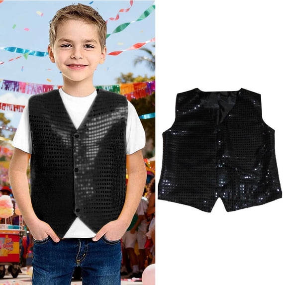 Tween Boys Glitter Sequin Vest Sleeveless V Neck Waistcoat Tops for Cheer Jazz Dance Performing 11-12 Years